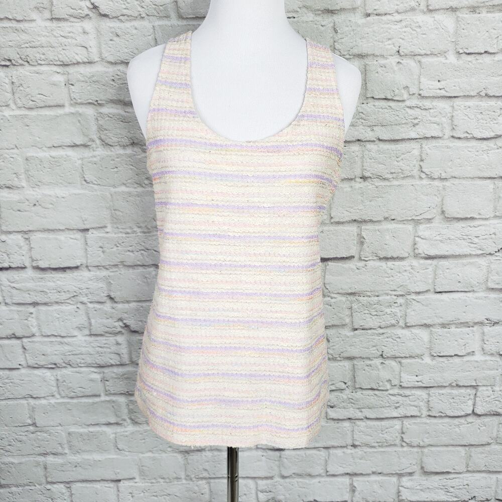 Vintage 70s Pastel Stripe Textured Sleeveless Scoop Neck Blouse Top Size L 1970s
